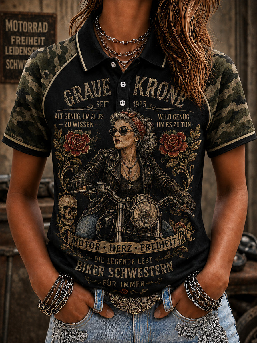 Damen-Poloshirt mit Raglanärmeln und grafischem „Old Ladies‘ Club“-Print, kurze Ärmel