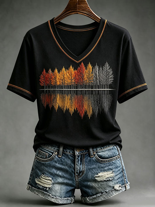 Damen-T-Shirt mit Kurzärmeln und Herbstwald-Design