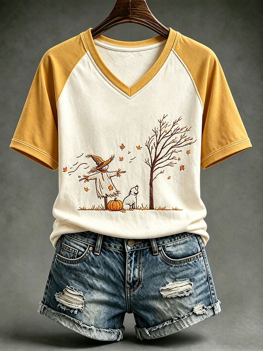Damen-Strohmann-Hund-Baum-Kürbis-V-Ausschnitt-T-Shirt