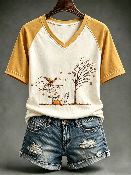 Damen-Strohmann-Hund-Baum-Kürbis-V-Ausschnitt-T-Shirt