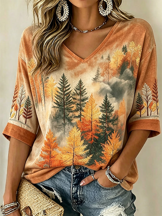 Damen T-Shirt mit V-Ausschnitt und Herbst wald muster bedrucktes lässiges Mittellang ärmel