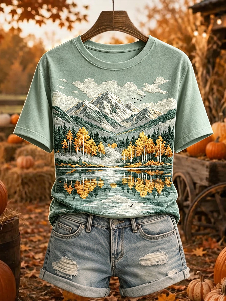 Damen Herbst bäume Berg druck Gemütliches Kurzarm-T-Shirt