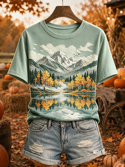 Damen Herbst bäume Berg druck Gemütliches Kurzarm-T-Shirt