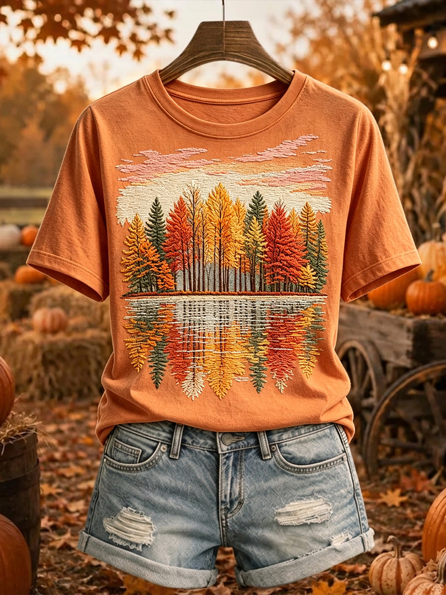 Weibliches Vintage-Herbst-T-Shirt mit Baum-Print und bequemen Kurzärmeln