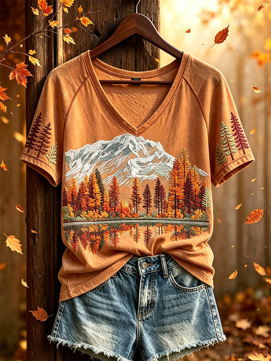 Frauen Herbst Wald Muster gedruckt lässig kurz ärmel iges T-Shirt