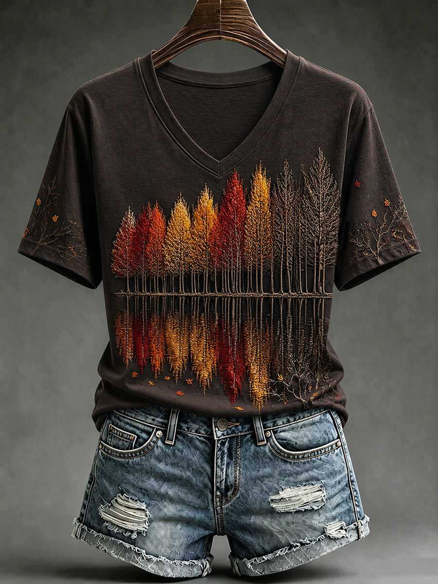 Damen-T-Shirt mit Kurzärmeln und Herbstwald-Design