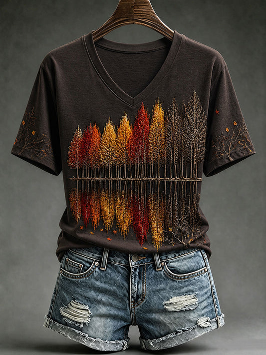 Damen-T-Shirt mit Kurzärmeln und Herbstwald-Design