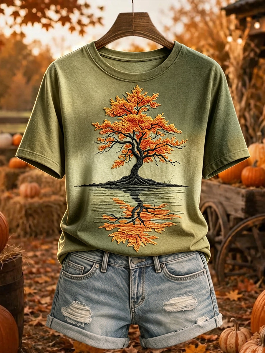 Damen Vintage Herbst Baum Reflexions druck Gemütliches Kurzarm-T-Shirt