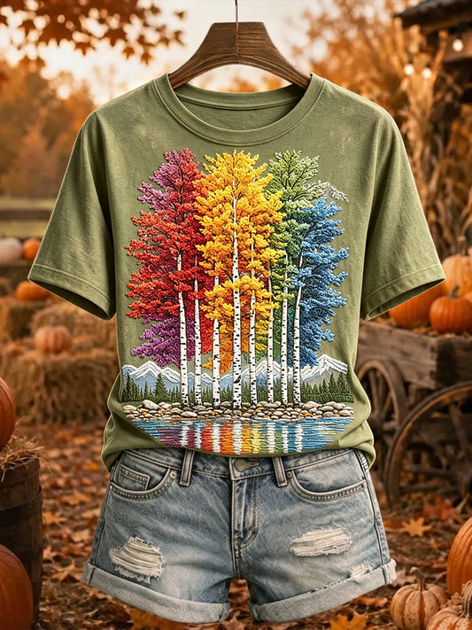 Frauen bunte Herbstbäume drucken gemütliches Kurzarm-T-Shirt