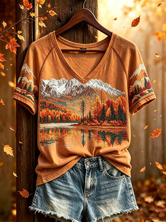 Damen-T-Shirt mit Herbstwaldmuster, lässig, kurzärmelig
