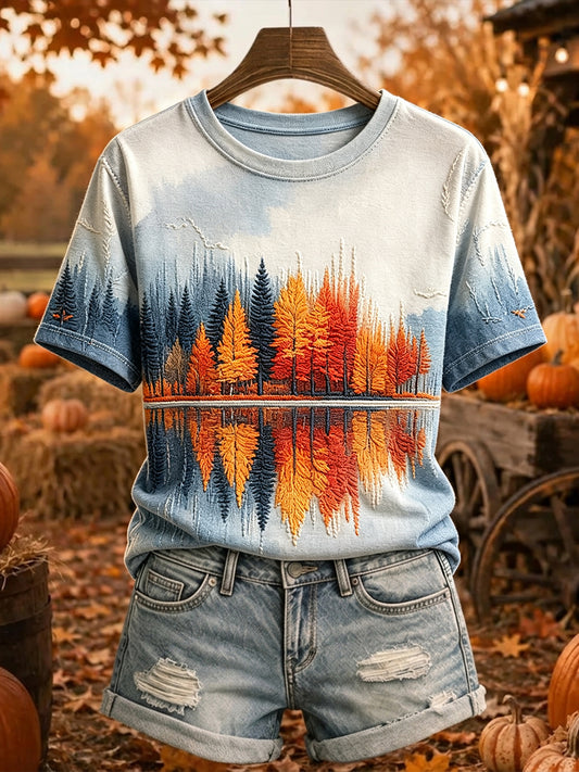 Damen Vintage Herbst Bäume drucken gemütliches Kurzarm-T-Shirt