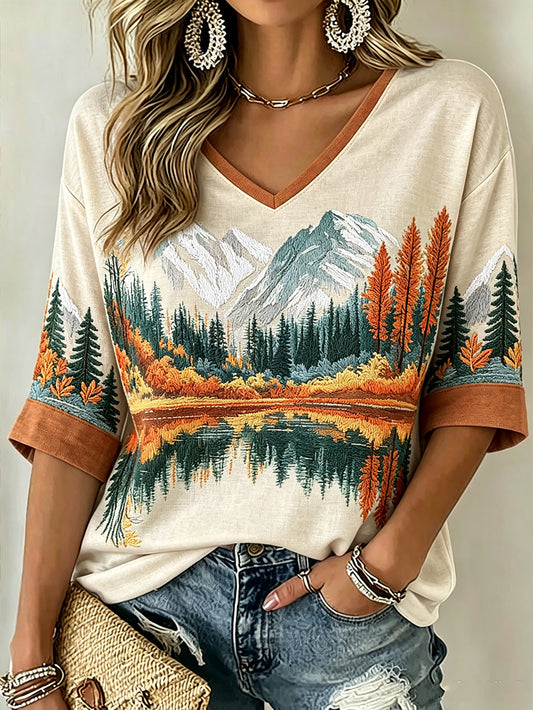 Damen-T-Shirt mit Herbstwaldmuster, lässig, mittellang, mit Ärmeln und V-Ausschnitt