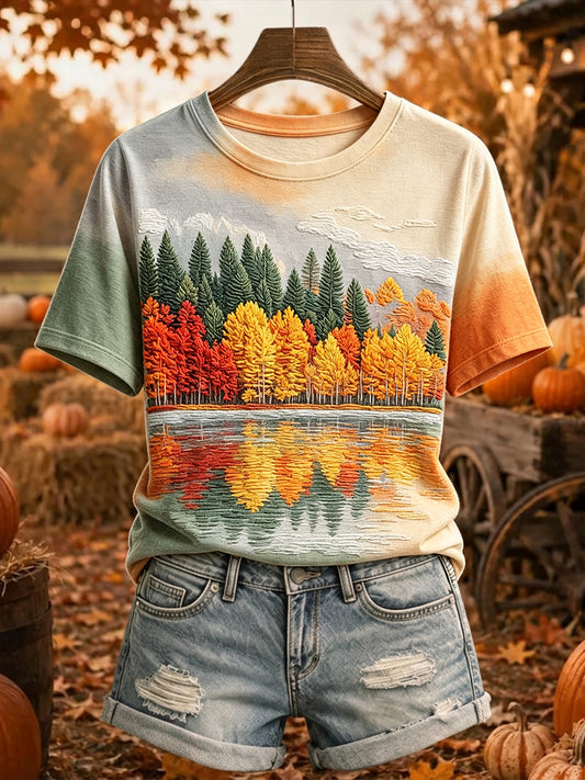 Damen Herbst Bäume Reflexions druck Lässiges Kurzarm-T-Shirt