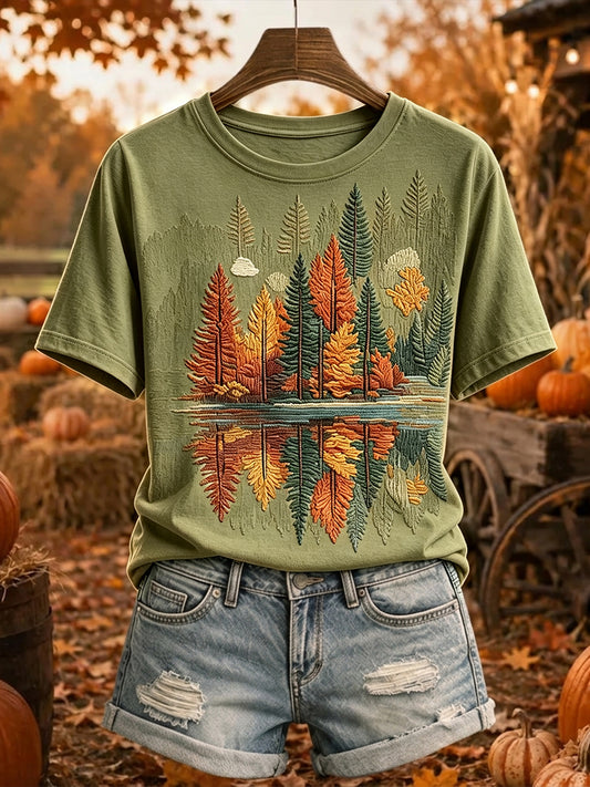 Damen Vintage Herbst Bäume drucken bequemes kurz ärmel iges T-Shirt