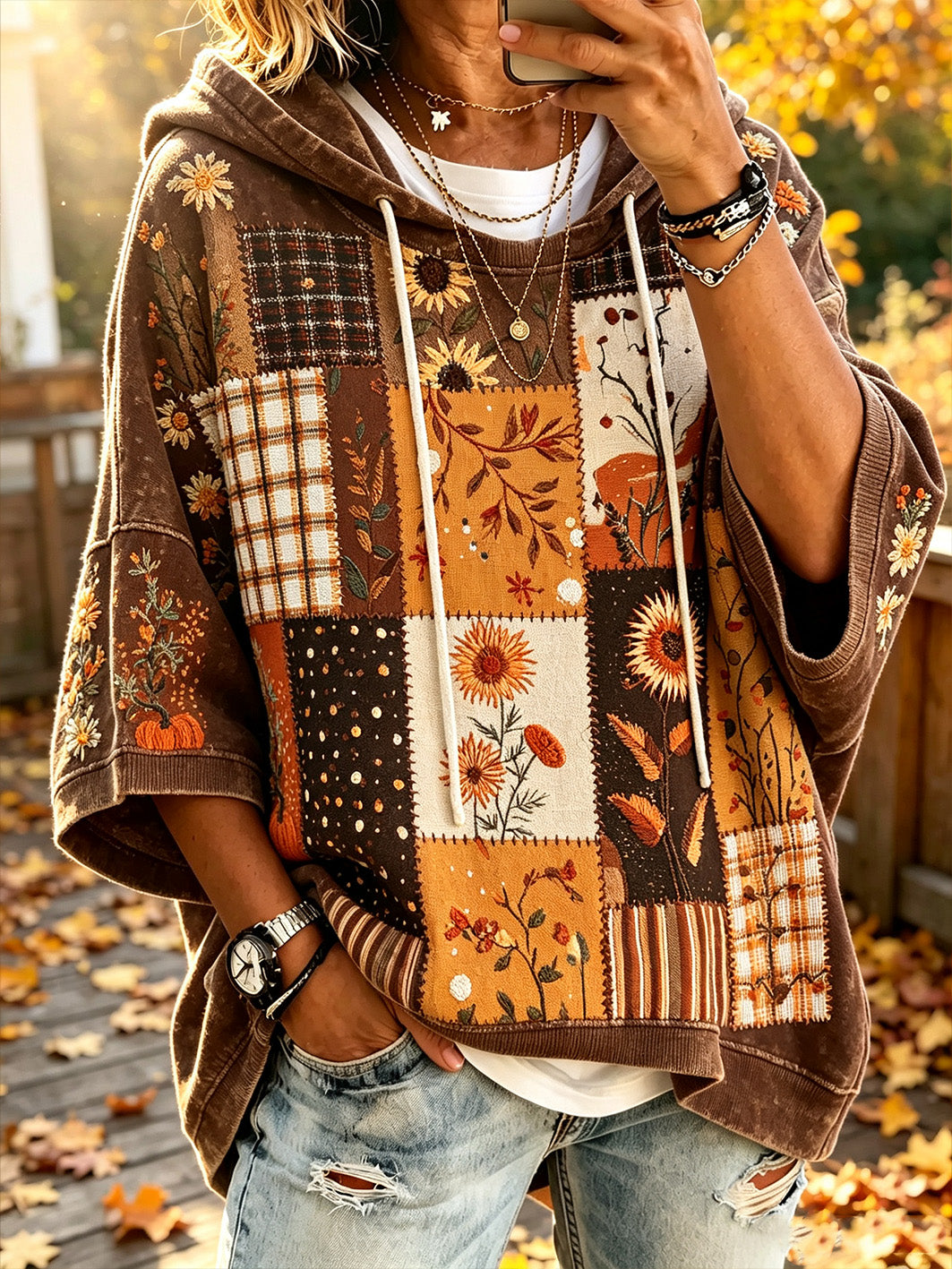 Damen Herbst Pflanzen Blumenmuster Gedruckt Freizeit Hoodie