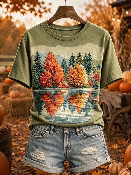 Damen Vintage Herbst Bäume Reflexions druck Kurzarm T-Shirt