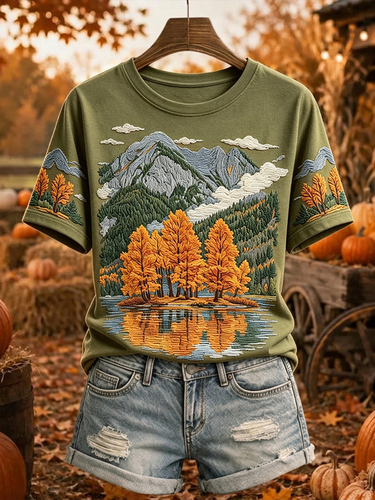 Damen Vintage Herbst Bäume Berg druck Gemütliches Kurzarm T-Shirt