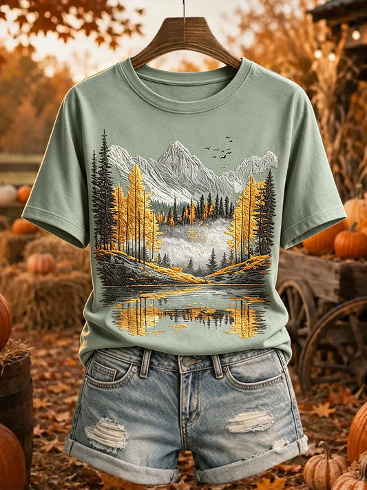 Damen Vintage Herbst Baum Berg Print Gemütliches Kurzarm T-Shirt