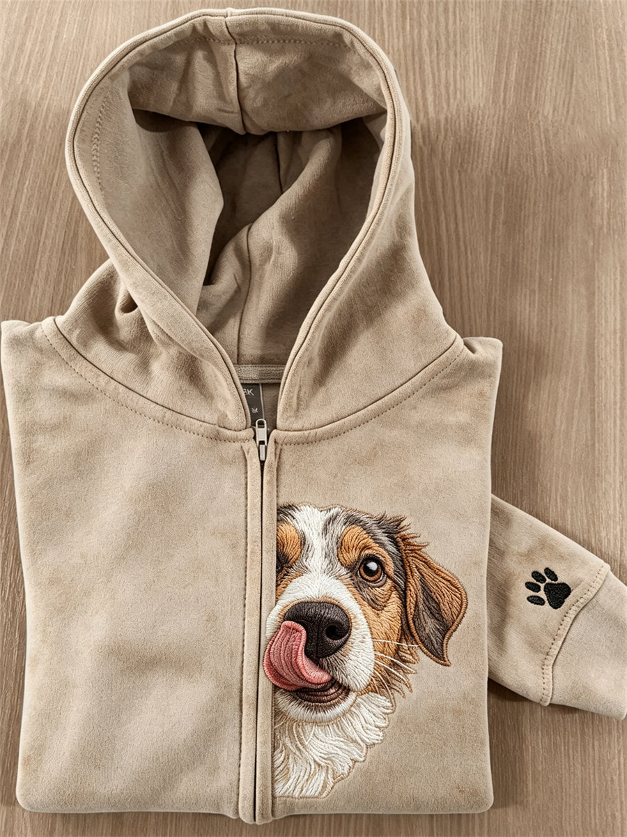 Damen-Kapuzenpullover mit durchschauendem, flauschigem Hund- und Pfotenmuster und durchgehendem Reißverschluss