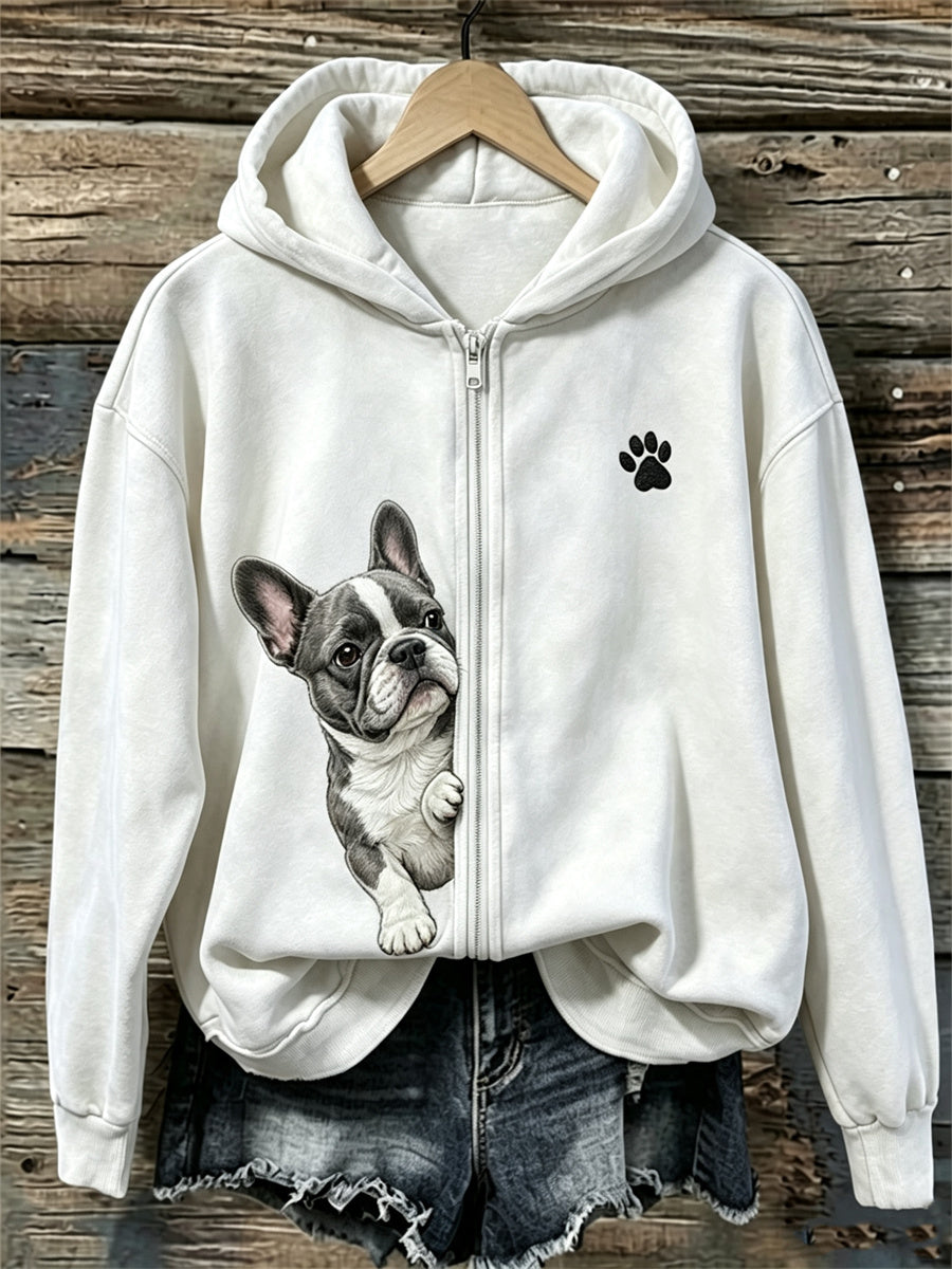 Damen-Kapuzenpullover mit Reißverschluss, französische Bulldogge und Pfotenabdruck