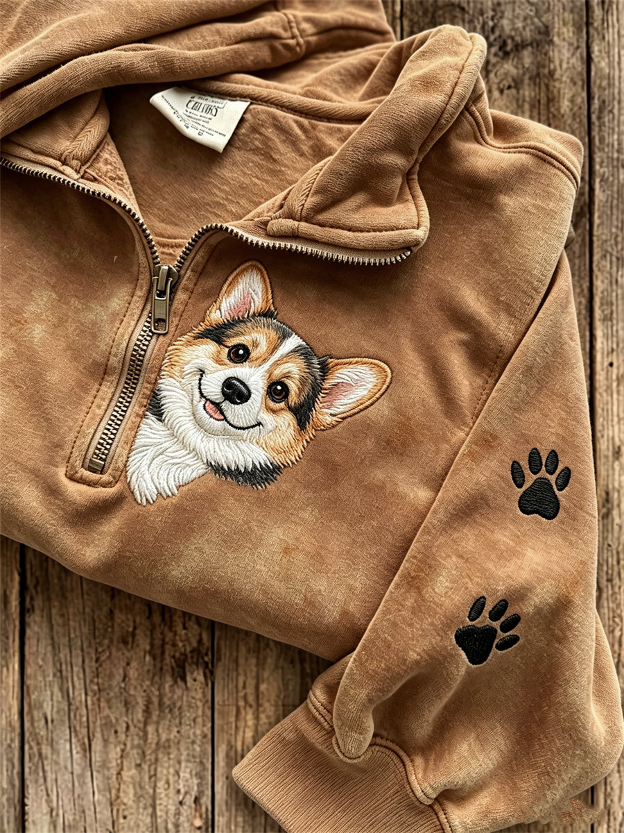 Damen-Kapuzenpullover mit verstecktem Corgi-Hund und Pfotenabdruck, mit Reißverschluss