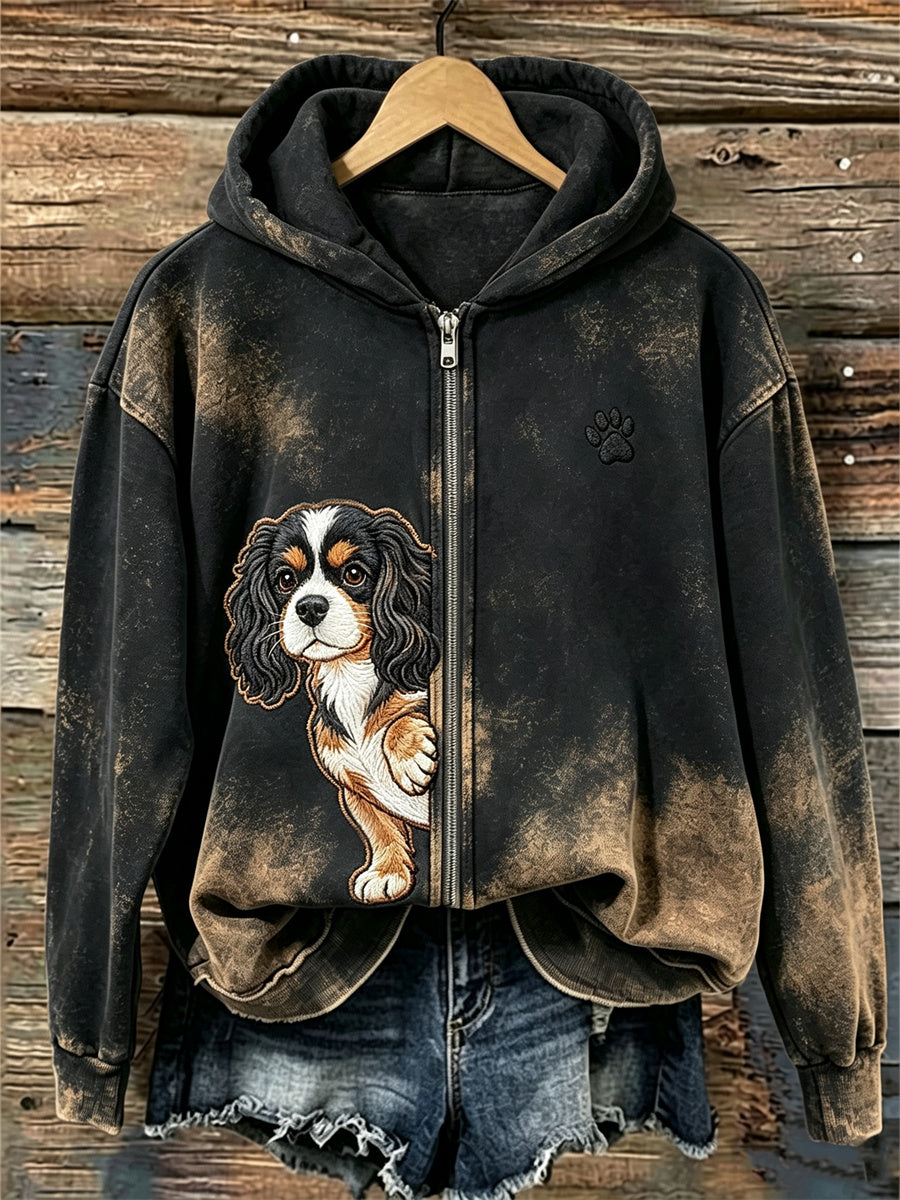 Damen-Kapuzenpullover mit durchgängigem Reißverschluss, Aufdruck eines King-Charles-Spaniels und Pfotenabdrücken