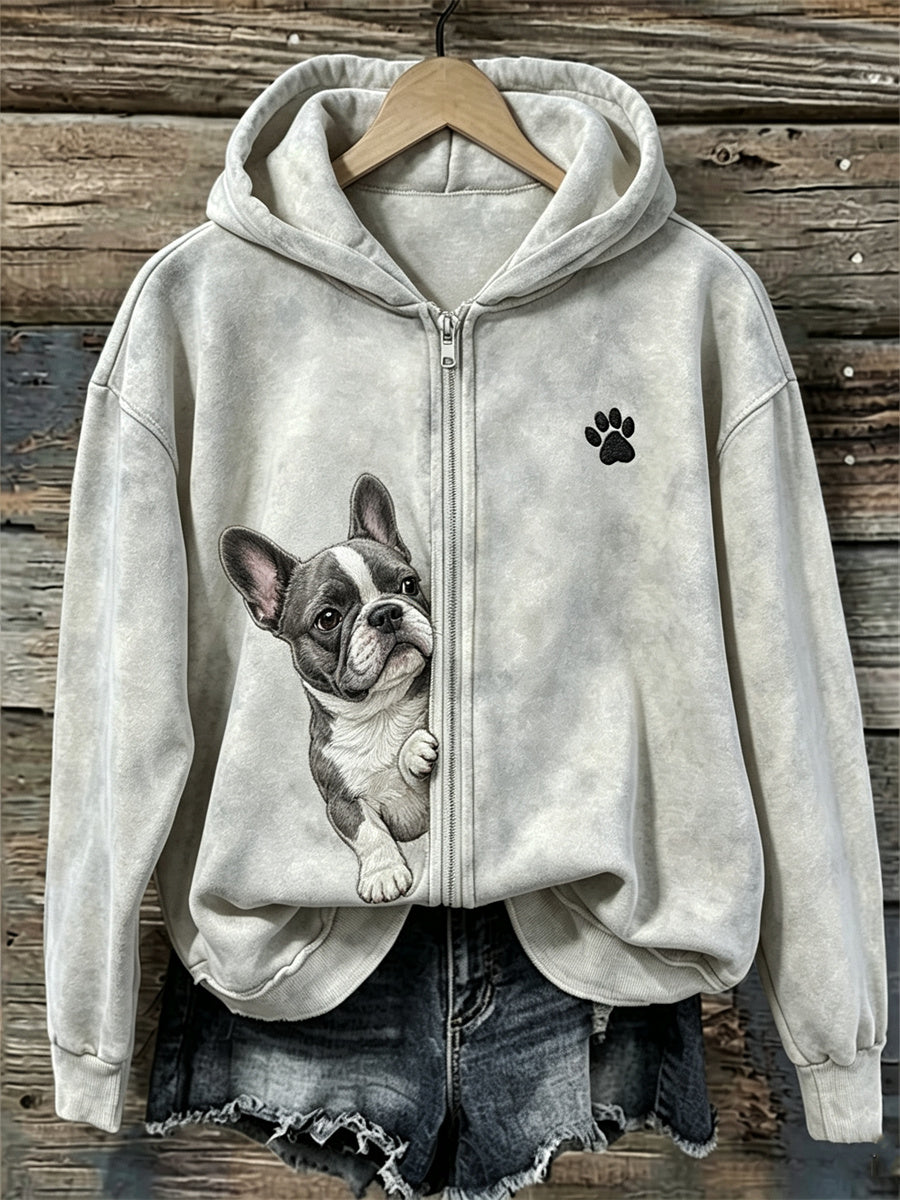 Damen-Kapuzenpullover mit Reißverschluss, französische Bulldogge und Pfotenabdruck