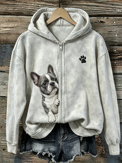 Damen-Kapuzenpullover mit Reißverschluss, französische Bulldogge und Pfotenabdruck