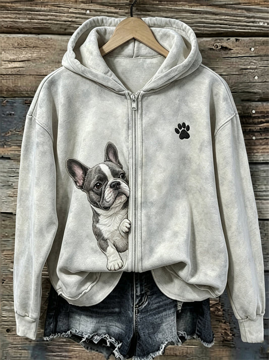 Damen-Kapuzenpullover mit Reißverschluss, französische Bulldogge und Pfotenabdruck