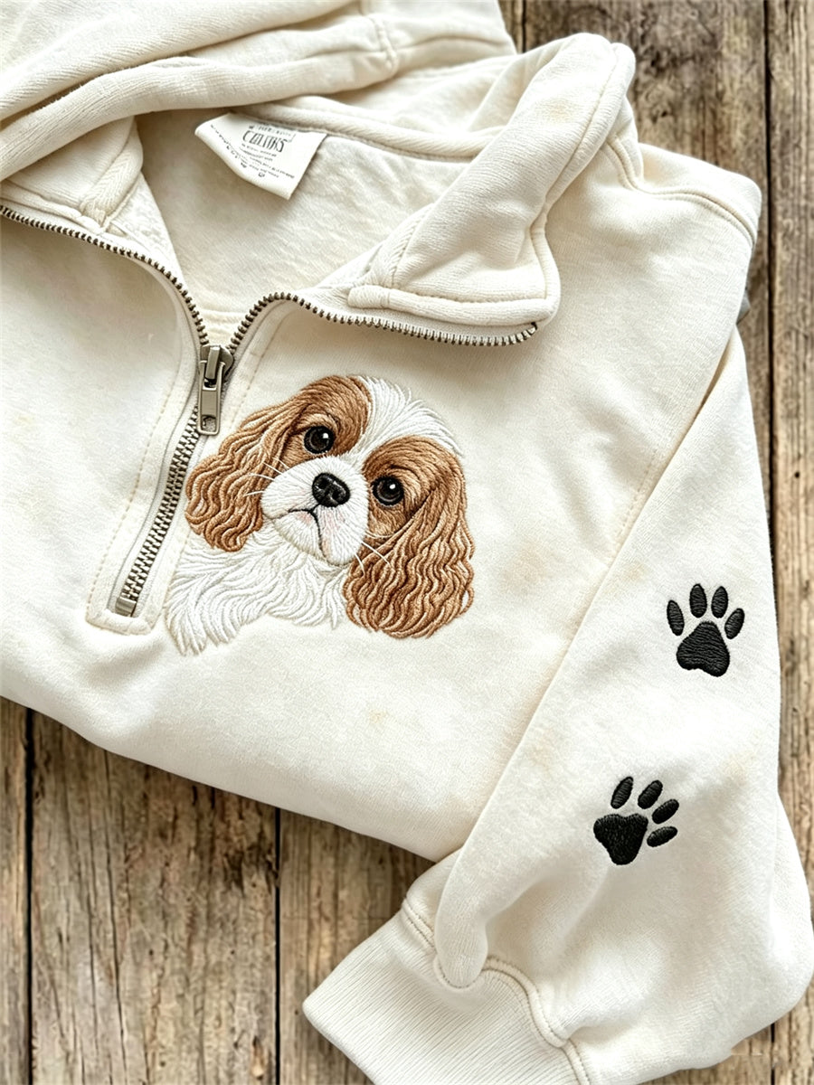 Damen-Kapuzenpullover mit verstecktem King-Charles-Spaniel und Pfotenabdrucken, mit Reißverschluss