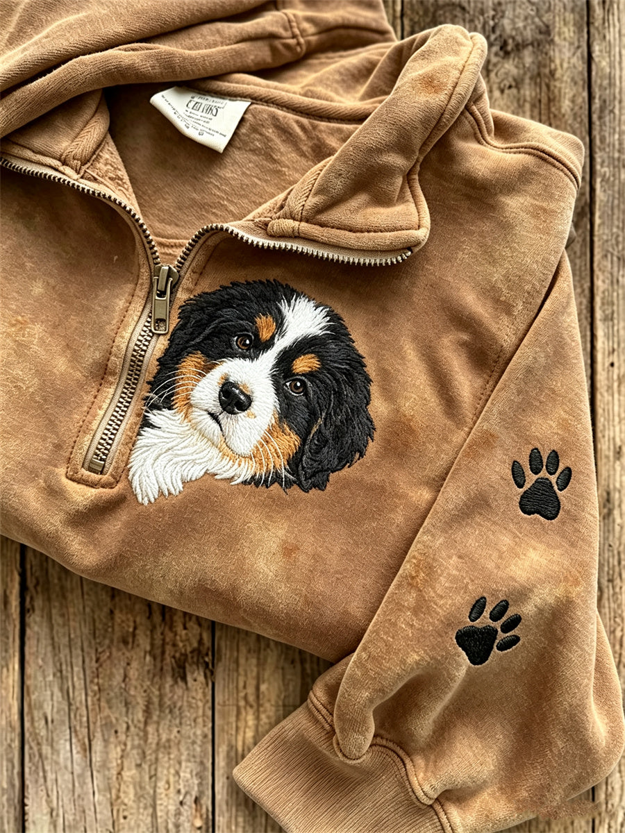 Damen-Sweatshirt mit verstecktem Berner Sennenhund und Pfotenabdruck, mit Reißverschluss