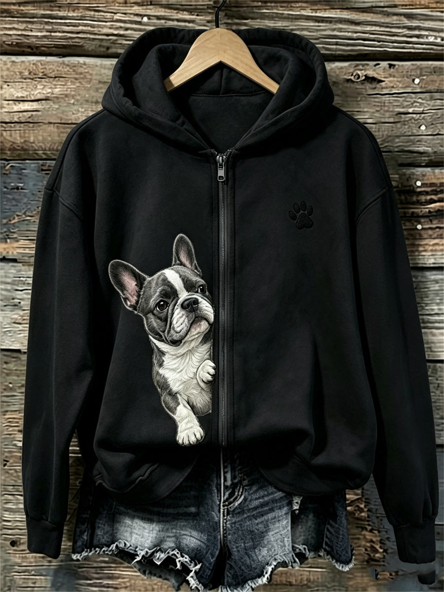 Damen-Kapuzenpullover mit Reißverschluss, französische Bulldogge und Pfotenabdruck
