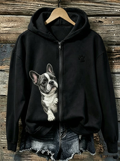 Damen-Kapuzenpullover mit Reißverschluss, französische Bulldogge und Pfotenabdruck