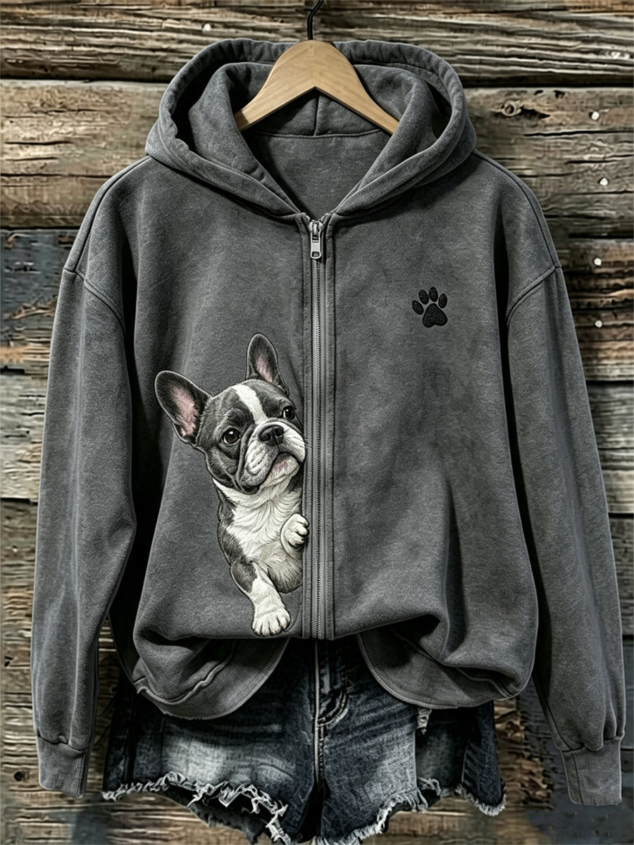 Damen-Kapuzenpullover mit Reißverschluss, französische Bulldogge und Pfotenabdruck