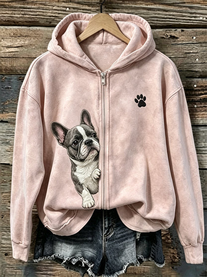 Damen-Kapuzenpullover mit Reißverschluss, französische Bulldogge und Pfotenabdruck