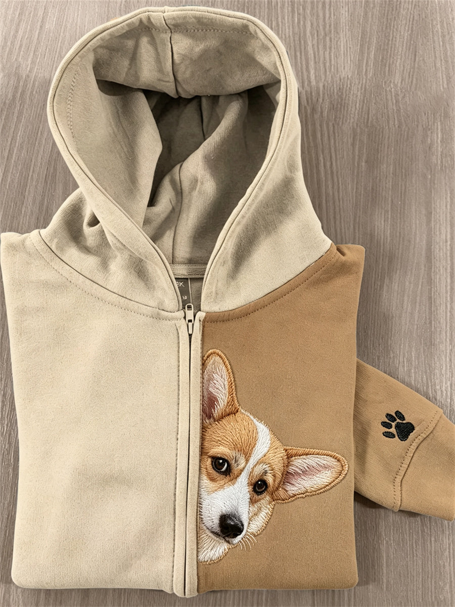 Damen-Kapuzenpullover mit durchgängigem Reißverschluss, kontrastfarbenem Corgi-Hund- und Pfotenabdruck-Print