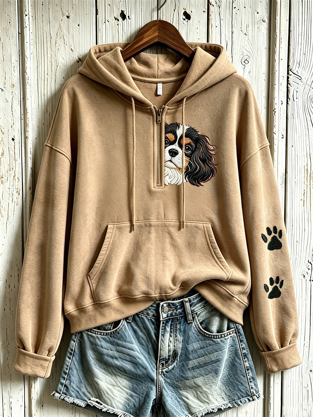 Damen niedliches Hunde muster bedruckt lässiger Halber Reiß verschluss Hoodie
