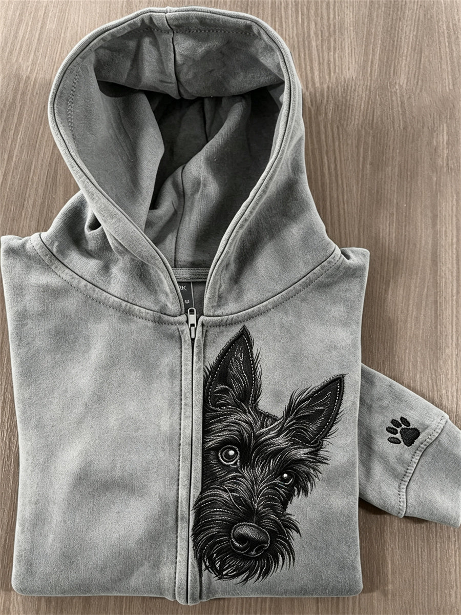 Damen-Kapuzenpullover mit durchschauendem schottischem Hund und Pfotenmuster, mit durchgehendem Reißverschluss