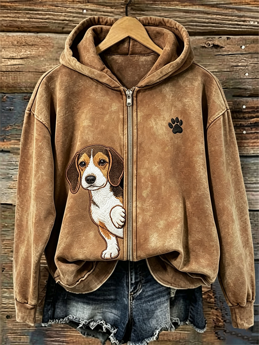 Damen-Kapuzenpullover mit durchschauendem Beagle-Hund und Pfotenabdruck sowie durchgehendem Reißverschluss