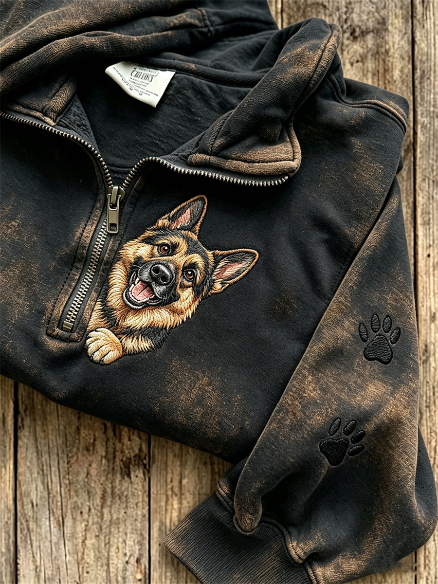 Damen-Sweatshirt mit aufgesticktem Blick aus dem Schäferhund und Pfotenabdrücken, mit durchgehendem Reißverschluss