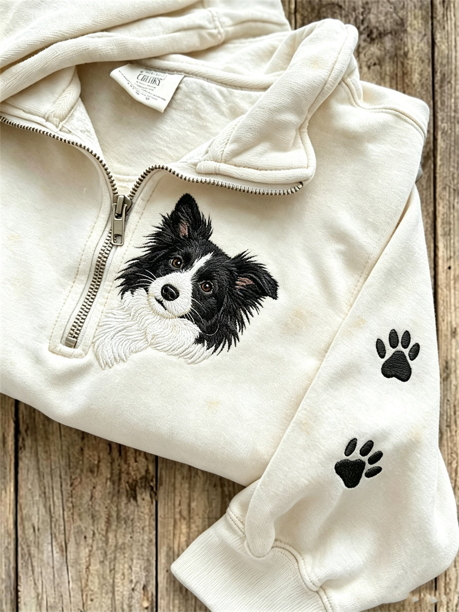 Damen-Sweatshirt mit aufgesetztem Kängurutaschen-Design, Aufdruck eines Border Collies und Pfotenabdrücken sowie durchgehendem Reißverschluss