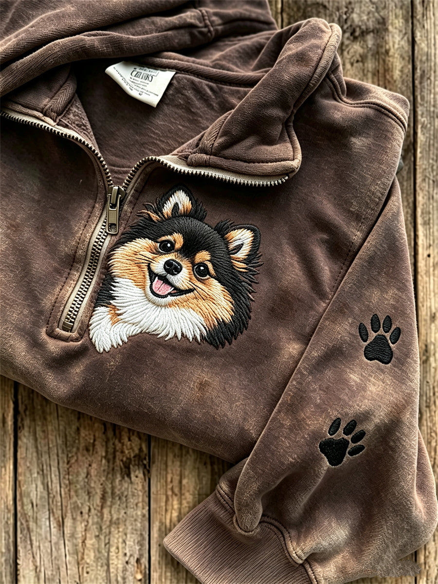 Damen-Pullover mit verstecktem Pompon-Hund und Pfotenabdrucken, mit Reißverschluss