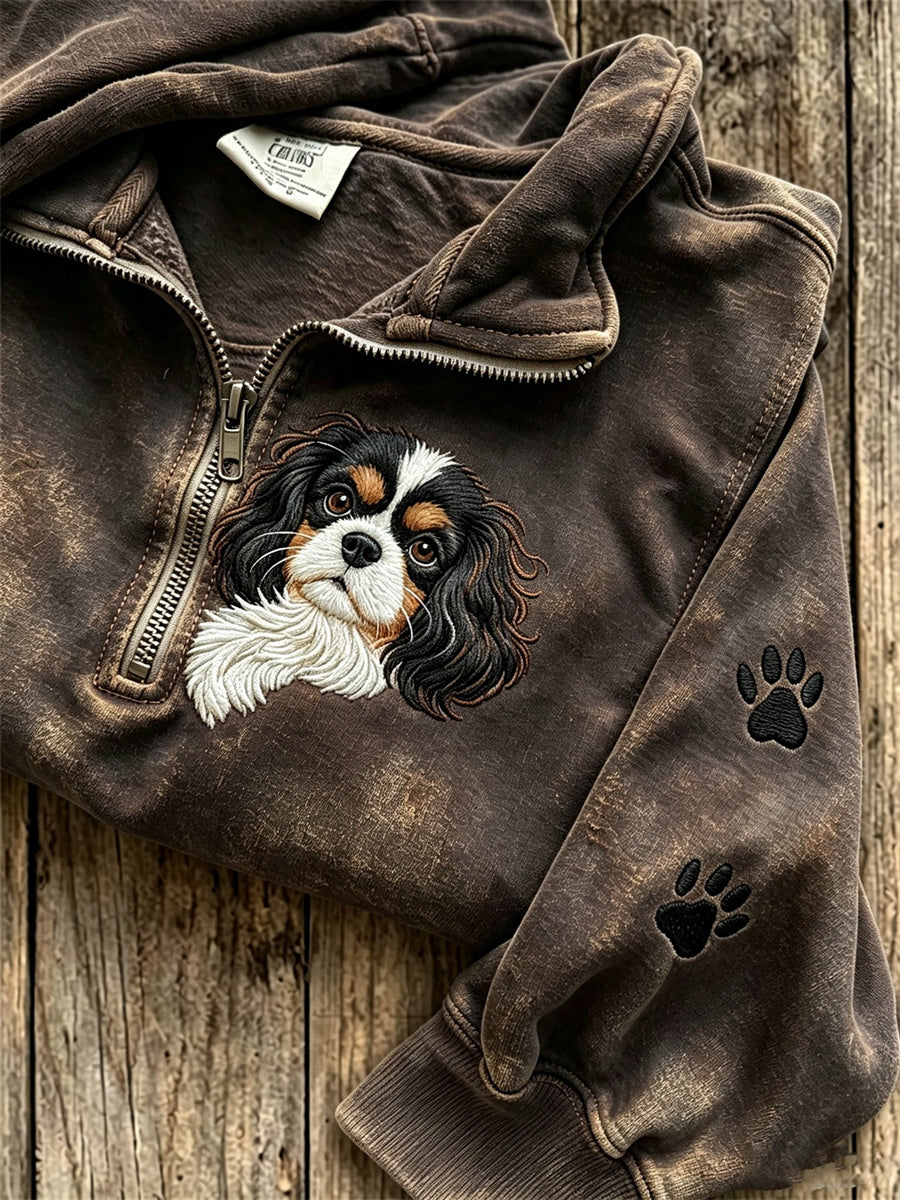Damen-Sweatshirt mit Reißverschluss, Aufdruck von King-Charles-Spaniel und Pfotenabdrücken