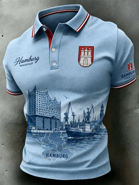 Herren-Poloshirt mit kurzen Ärmeln und Vintage-Print im Stil eines Städte-Souvenirs