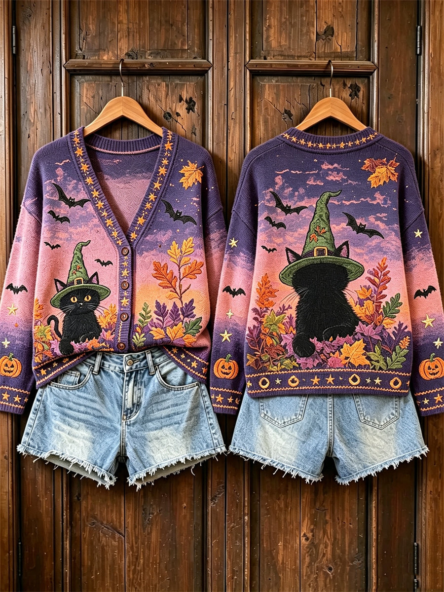 Damen Vintage Halloween Schwarze Katze Kürbis Herbst Landschafts druck Strickjacke