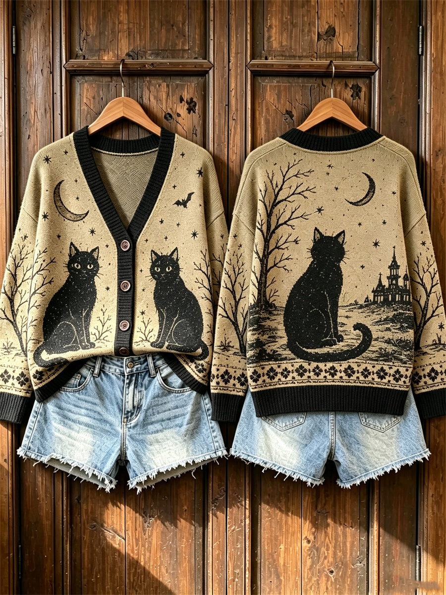 Damen Vintage Halloween Schwarze Nacht Hexe Schloss Print Strickjacke