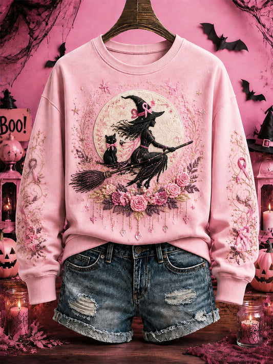Frauen Brustkrebs Bewusstsein Halloween Hexe-Thema lässig regelmäßig Sweatshirt