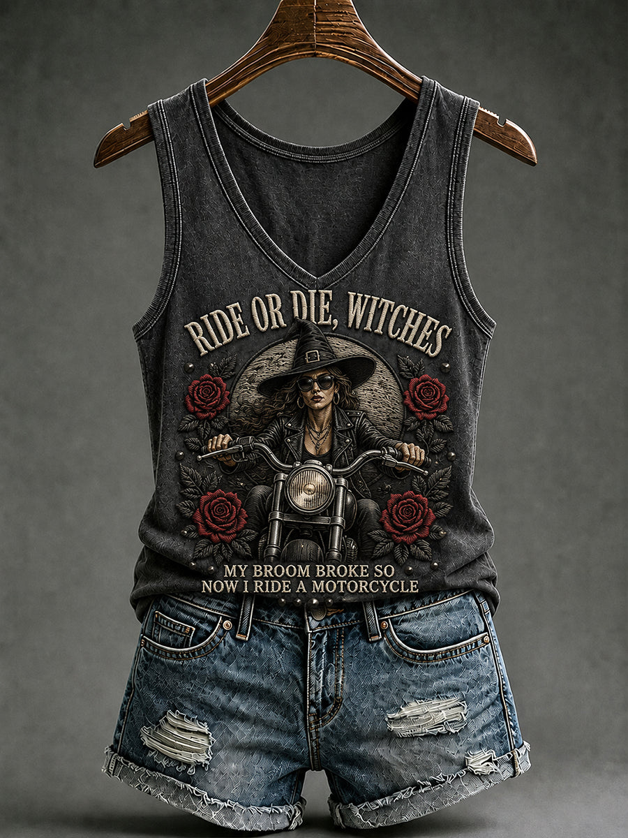 Frauen mein Besen brach so jetzt fahre ich ein Motorrad Halloween Hexe Print Weste Top