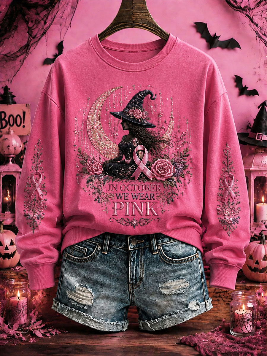 Damen-Kapuzenpullover zum Brustkrebsbewusstsein mit Halloween-Hexenmotiv, lässig und regular fit