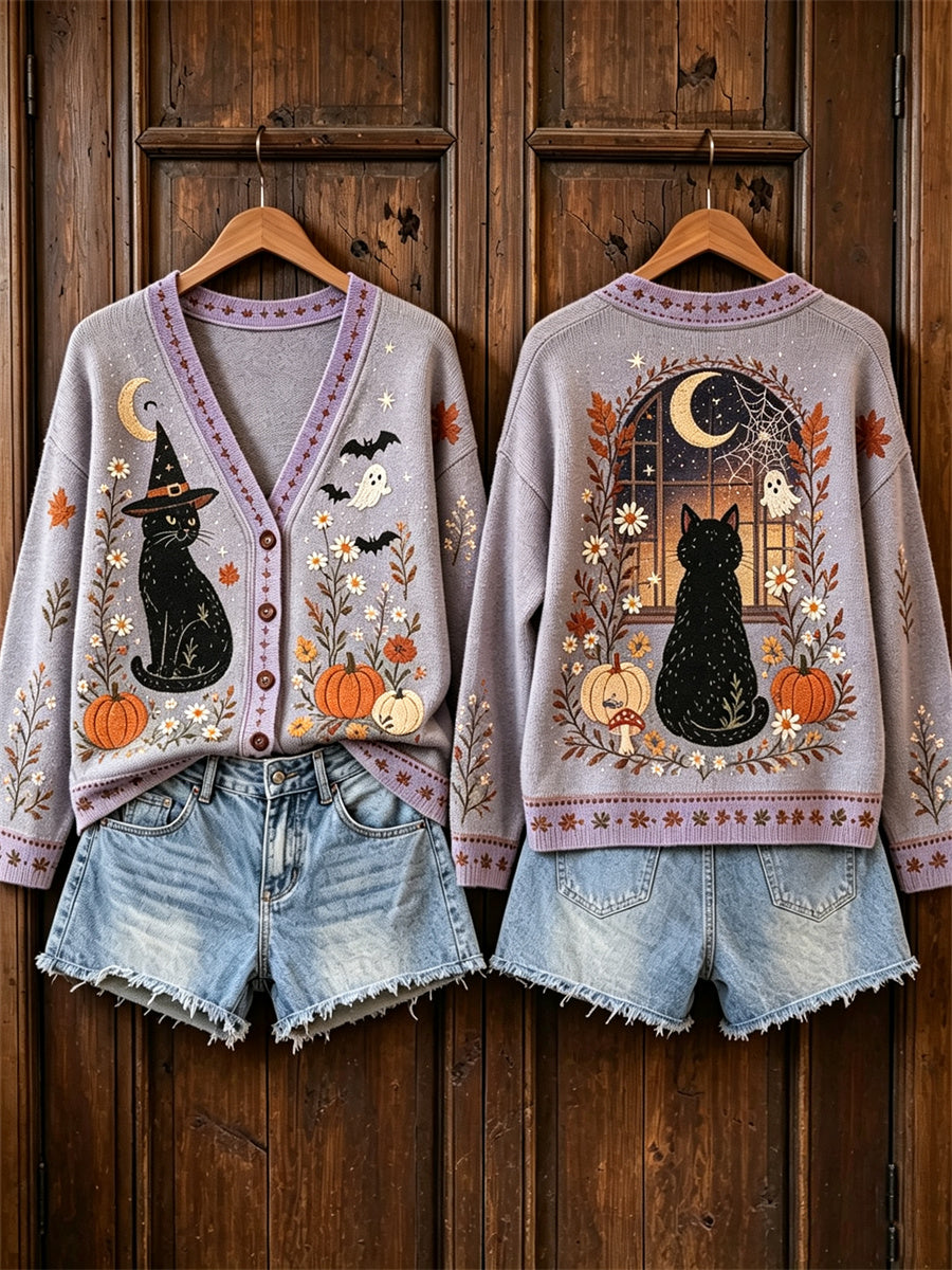Damen Vintage Halloween schwarze Katze Kürbisse Strickjacke mit Blumen druck